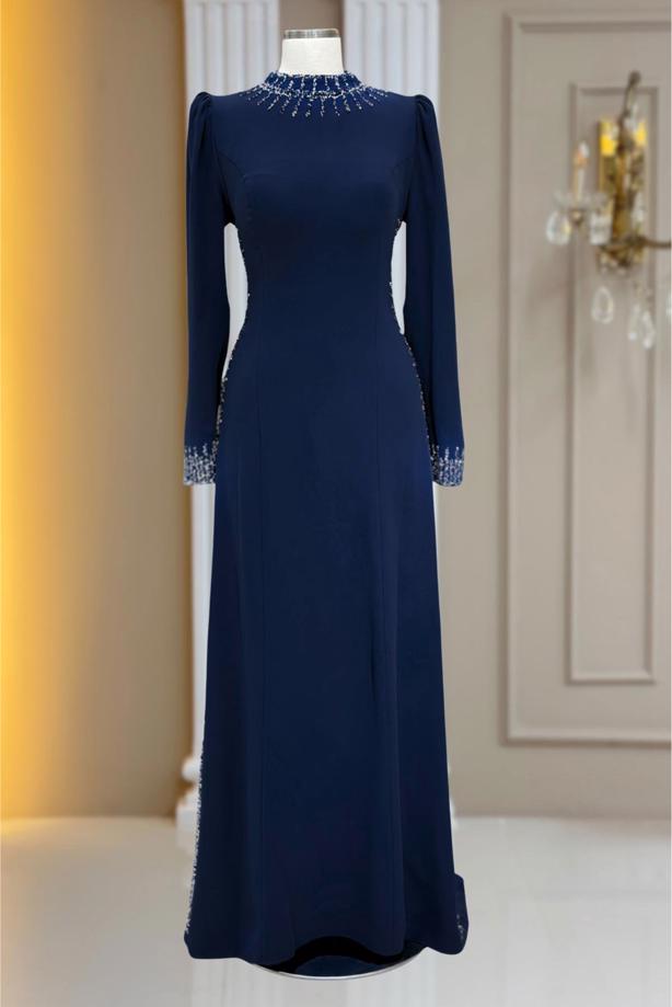 Hijab clothing NAVY BLUE GEM DETAILED EVENING DRESS T 4463 - TRENDTESETTÜR