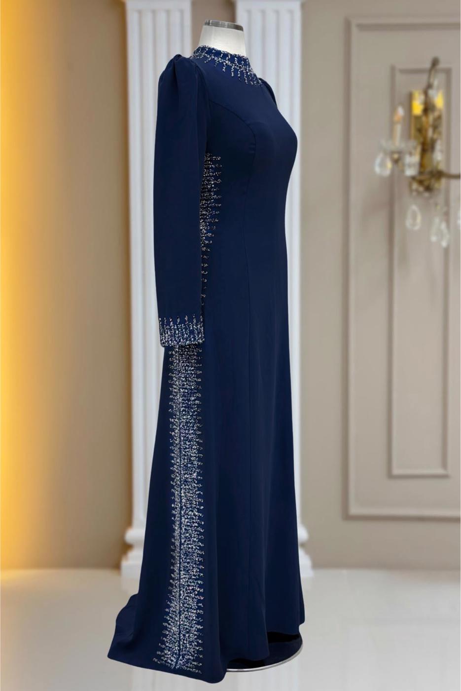 Hijab clothing NAVY BLUE GEM DETAILED EVENING DRESS T 4463