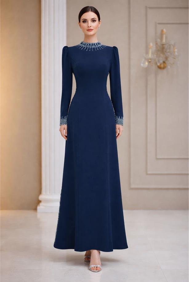Vêtements hijab BLEU MARINE ROBE DE SOIRÉE DÉTAILLÉE DE GEMMES T 4463 - TRENDTESETTÜR