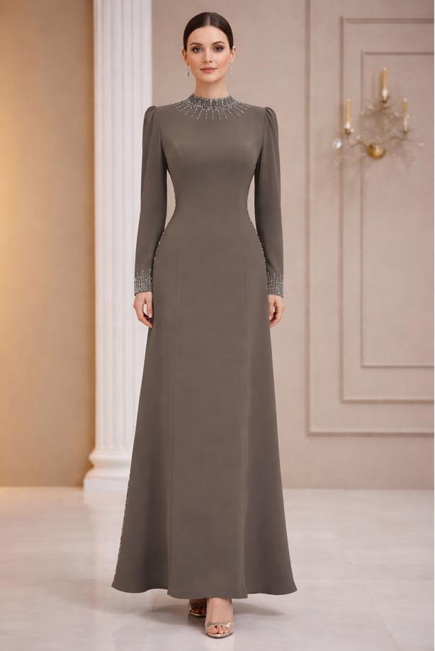 Vêtements hijab VISON ROBE DE SOIRÉE DÉTAILLÉE DE GEMMES T 4463 - TRENDTESETTÜR