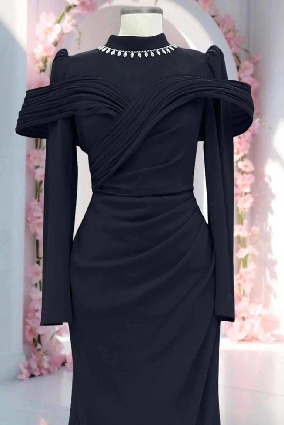 Tesettür giyim SİYAH T 4663 AH YAKASI TAŞLI ABİYE