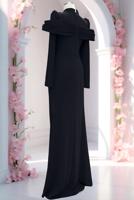 Tesettür giyim SİYAH YAKASI TAŞ DETAYLI ABİYE ELBİSE T 4663