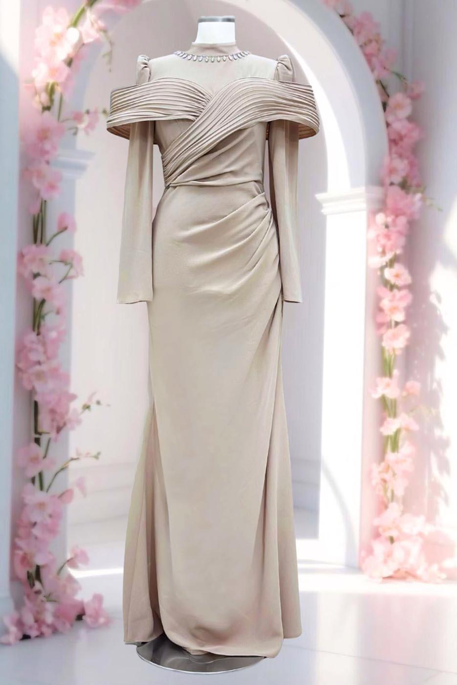 Tesettür giyim BEJ T 4663 AH YAKASI TAŞLI ABİYE