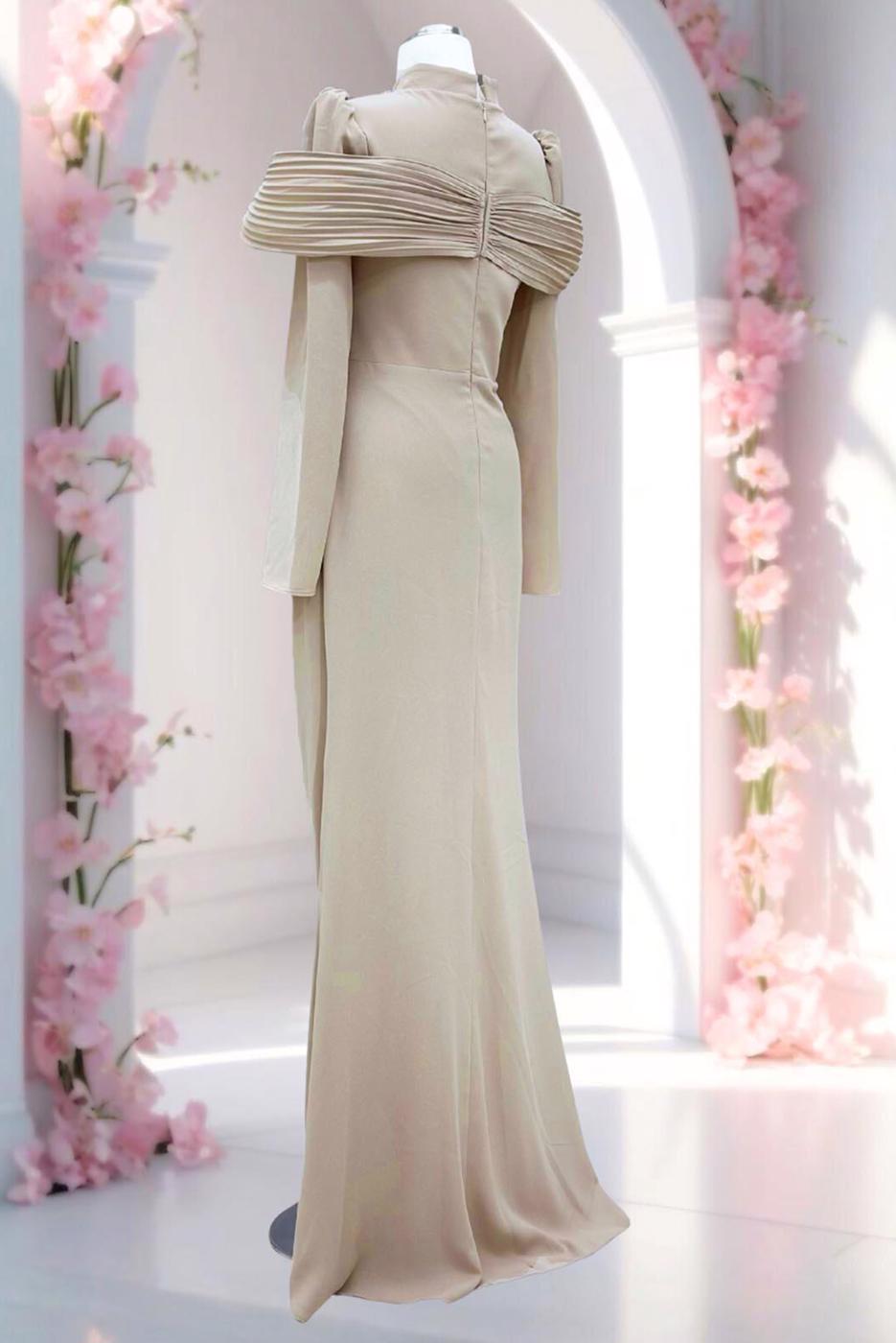 Tesettür giyim BEJ T 4663 AH YAKASI TAŞLI ABİYE