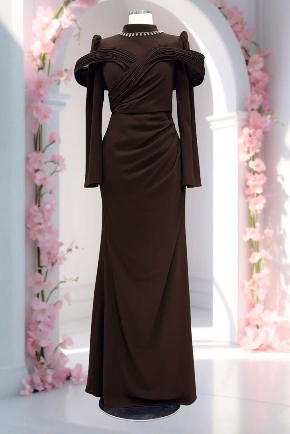 Tesettür giyim KAHVE T 4663 AH YAKASI TAŞLI ABİYE