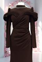 Tesettür giyim KAHVE T 4663 AH YAKASI TAŞLI ABİYE