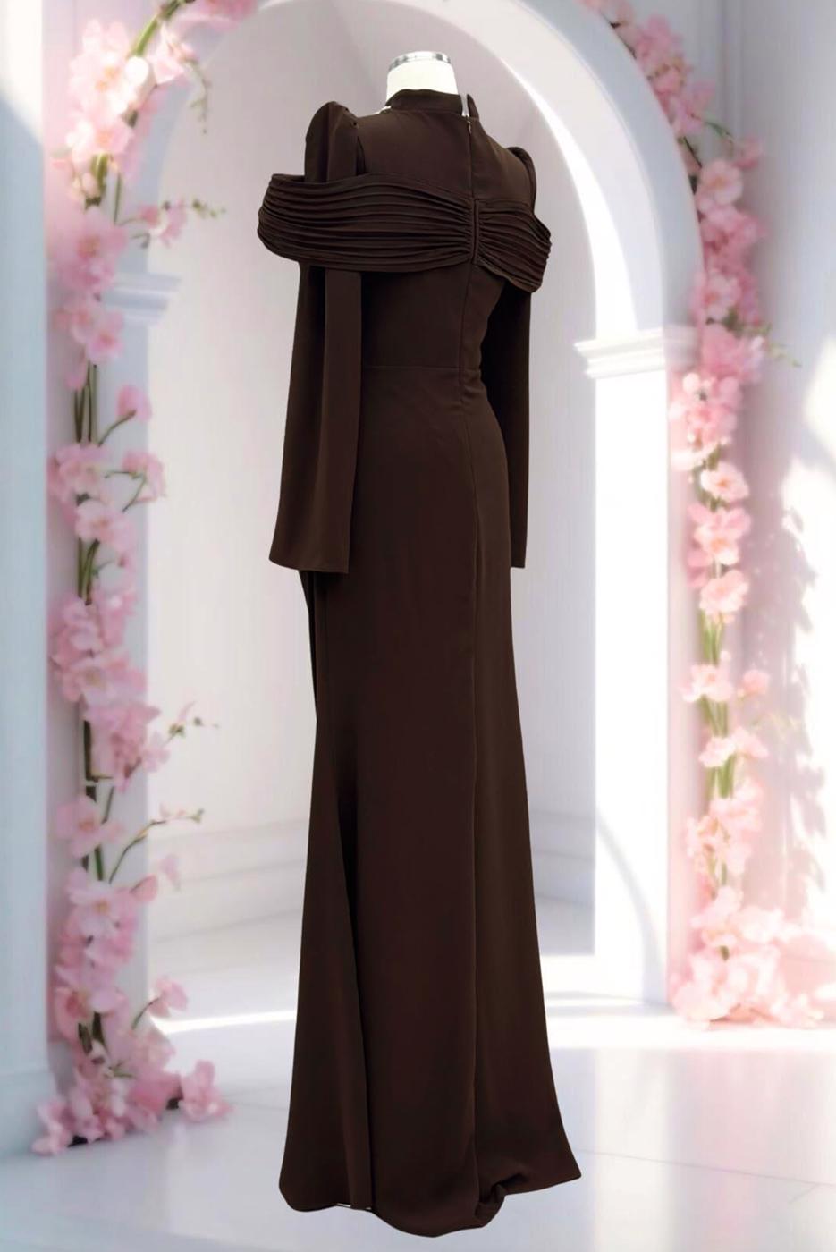 Tesettür giyim KAHVE T 4663 AH YAKASI TAŞLI ABİYE