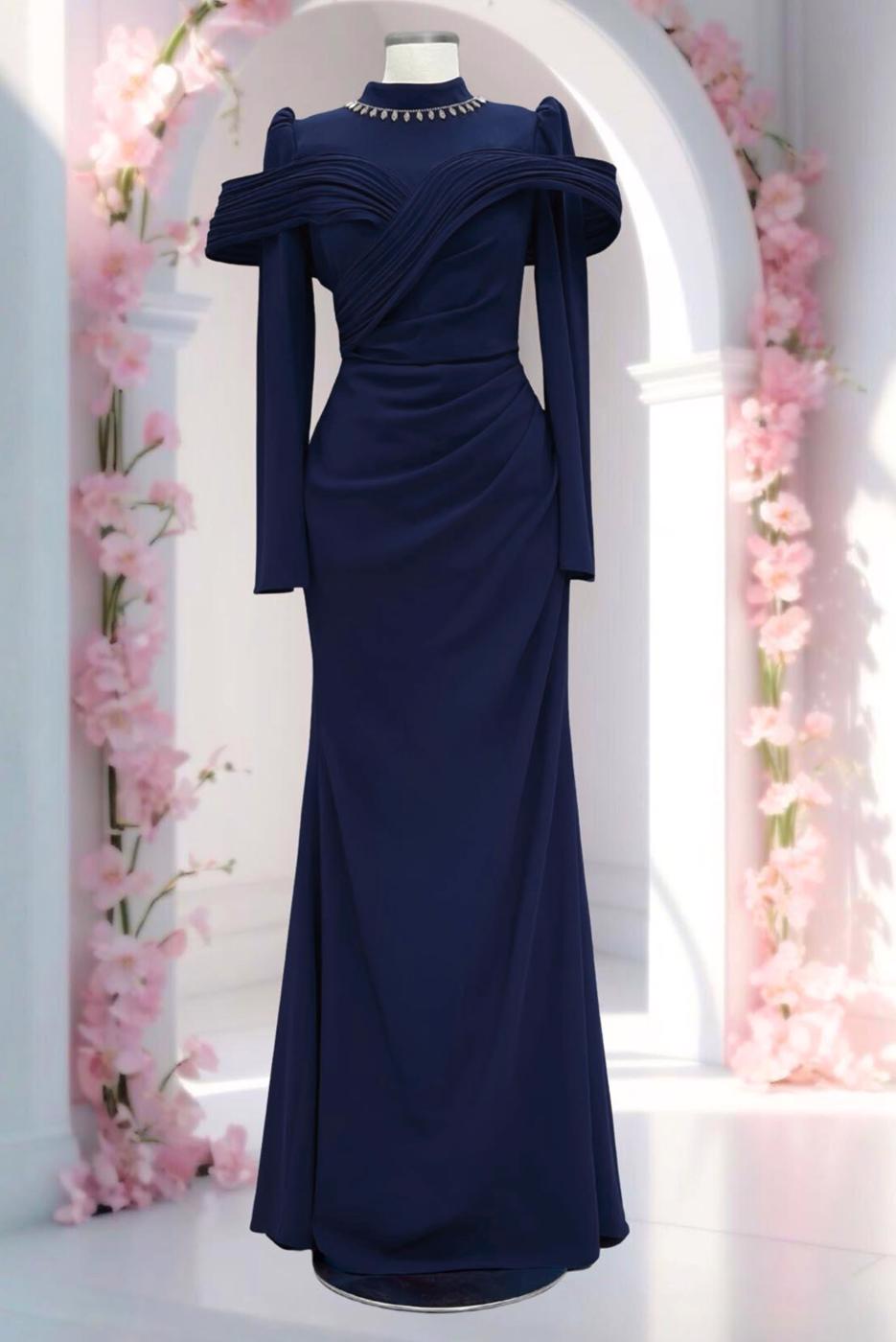 Tesettür giyim LACİVERT T 4663 AH YAKASI TAŞLI ABİYE