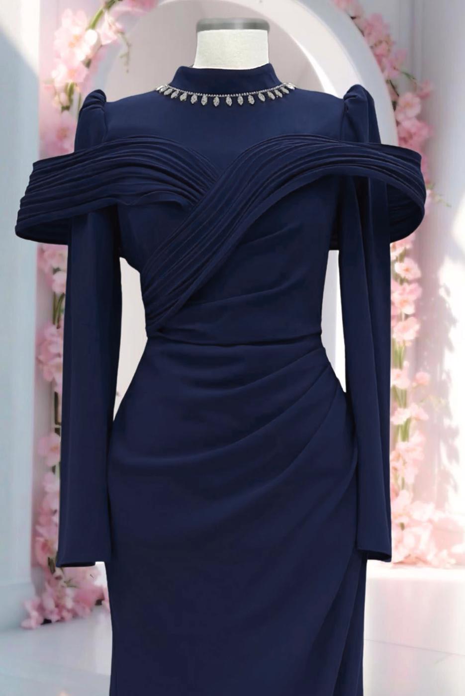 Tesettür giyim LACİVERT T 4663 AH YAKASI TAŞLI ABİYE