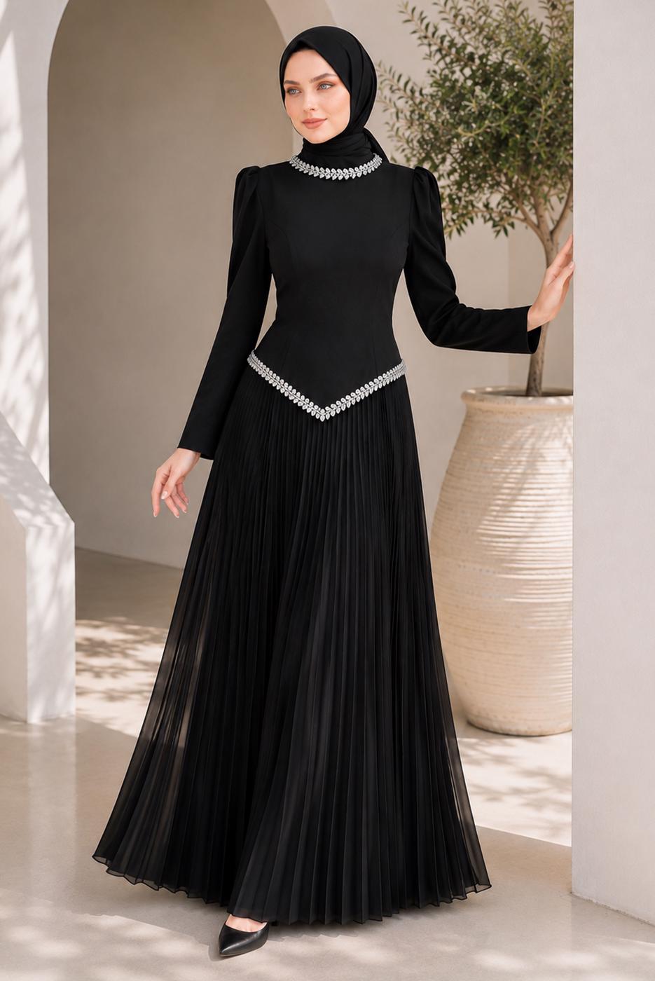 Vêtements hijab NOIR ROBE DE SOIRÉE PLISSÉE DÉTAIL GEMME T 4763