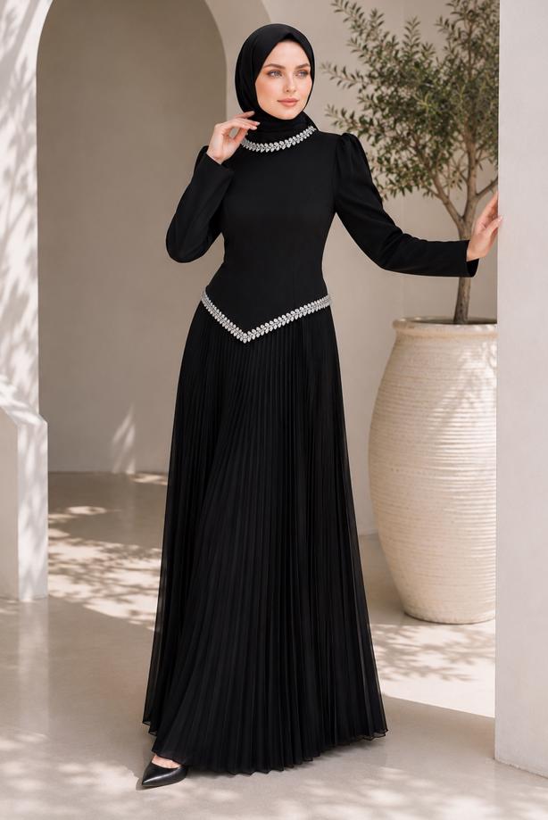 Vêtements hijab NOIR ROBE DE SOIRÉE PLISSÉE DÉTAIL GEMME T 4763 - TRENDTESETTÜR