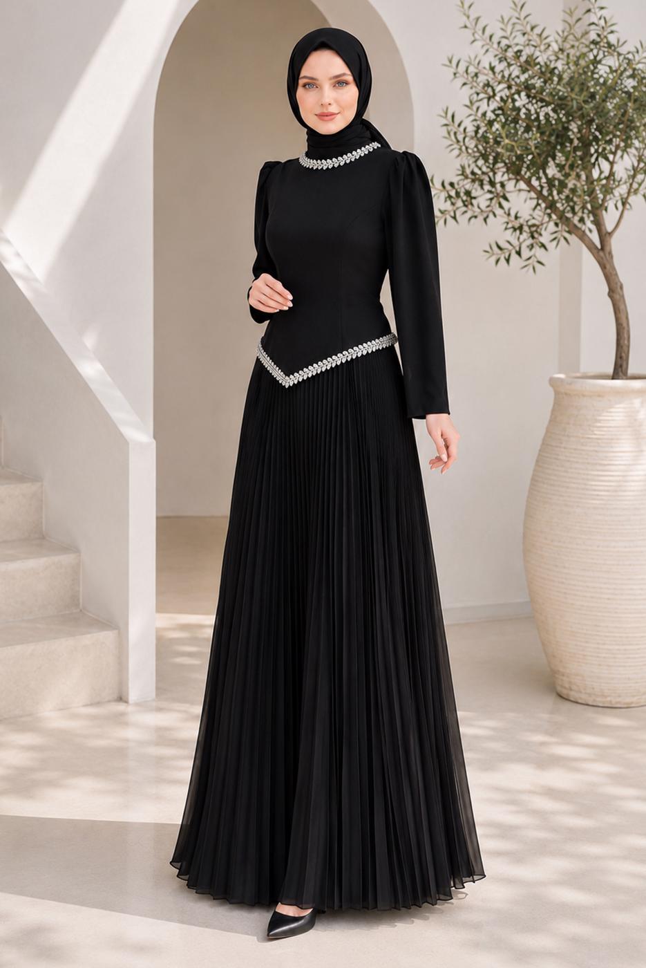 Vêtements hijab NOIR ROBE DE SOIRÉE PLISSÉE DÉTAIL GEMME T 4763
