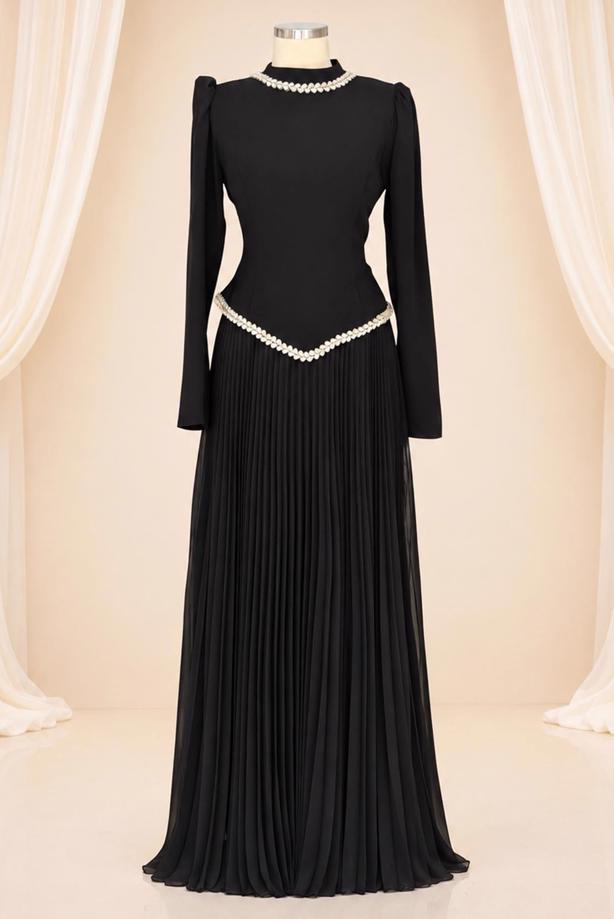 Vêtements hijab NOIR ROBE DE SOIRÉE PLISSÉE DÉTAIL GEMME T 4763 - TRENDTESETTÜR