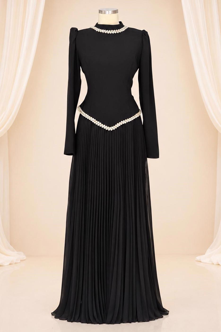 Vêtements hijab NOIR ROBE DE SOIRÉE PLISSÉE DÉTAIL GEMME T 4763