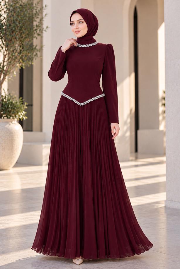 Vêtements hijab ROUGE BORDEAUX ROBE DE SOIRÉE PLISSÉE DÉTAIL GEMME T 4763 - TRENDTESETTÜR