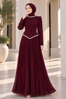 Vêtements hijab ROUGE BORDEAUX ROBE DE SOIRÉE PLISSÉE DÉTAIL GEMME T 4763