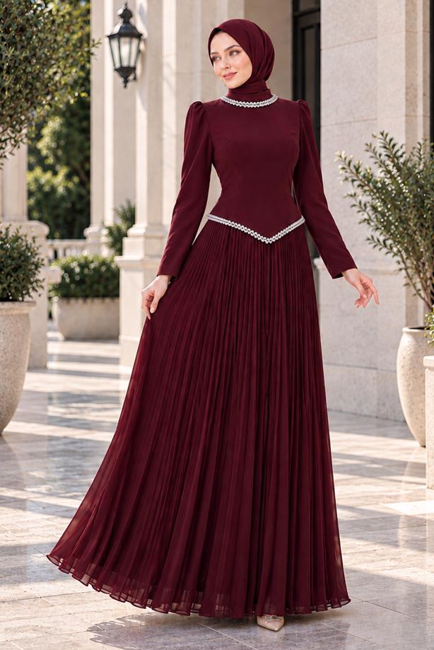 Vêtements hijab ROUGE BORDEAUX ROBE DE SOIRÉE PLISSÉE DÉTAIL GEMME T 4763 - TRENDTESETTÜR