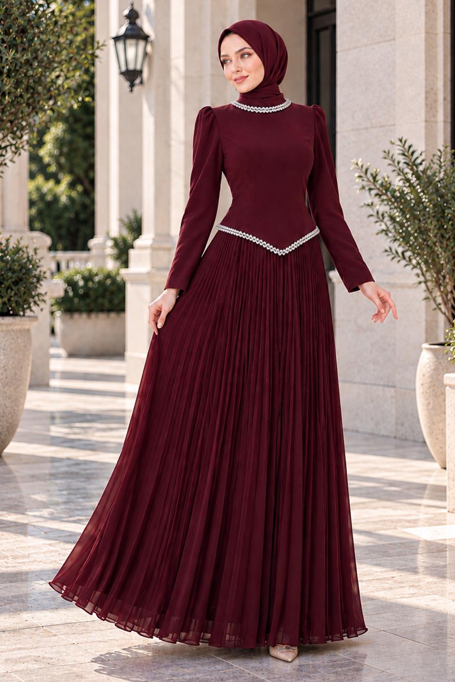 Vêtements hijab ROUGE BORDEAUX ROBE DE SOIRÉE PLISSÉE DÉTAIL GEMME T 4763