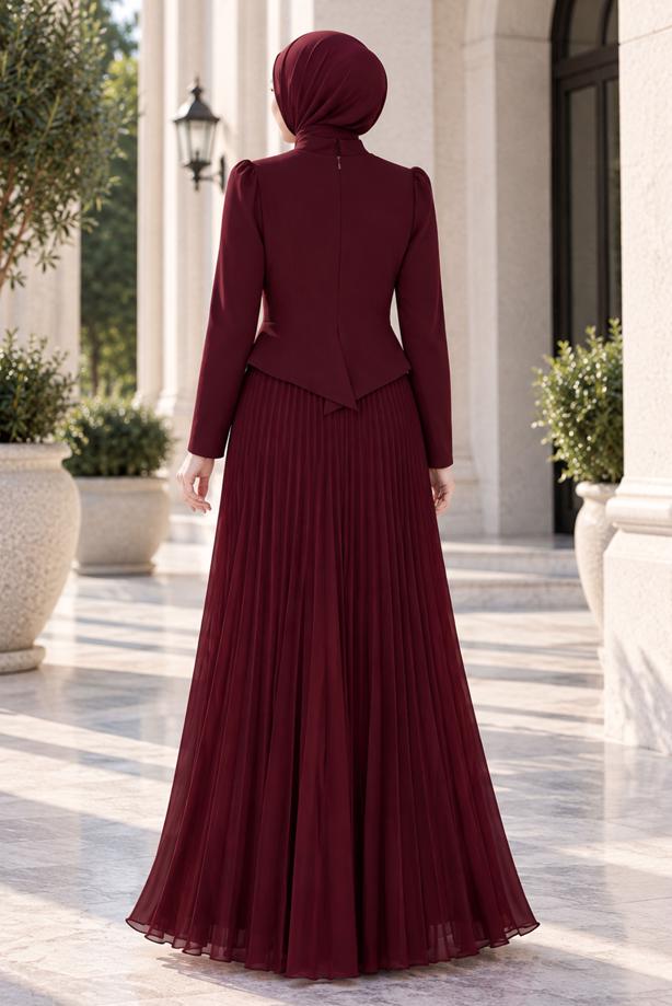 Vêtements hijab ROUGE BORDEAUX ROBE DE SOIRÉE PLISSÉE DÉTAIL GEMME T 4763 - TRENDTESETTÜR