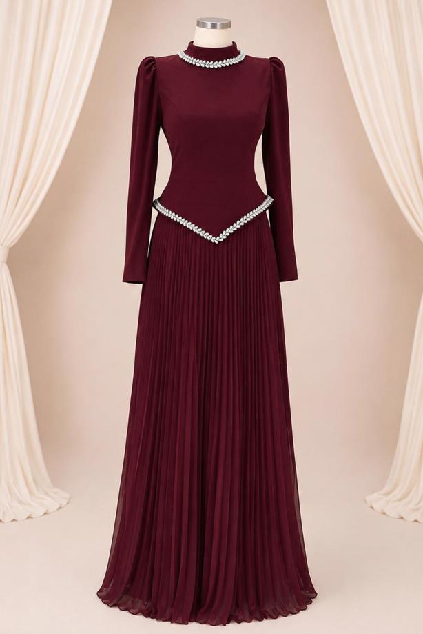 Vêtements hijab ROUGE BORDEAUX ROBE DE SOIRÉE PLISSÉE DÉTAIL GEMME T 4763 - TRENDTESETTÜR