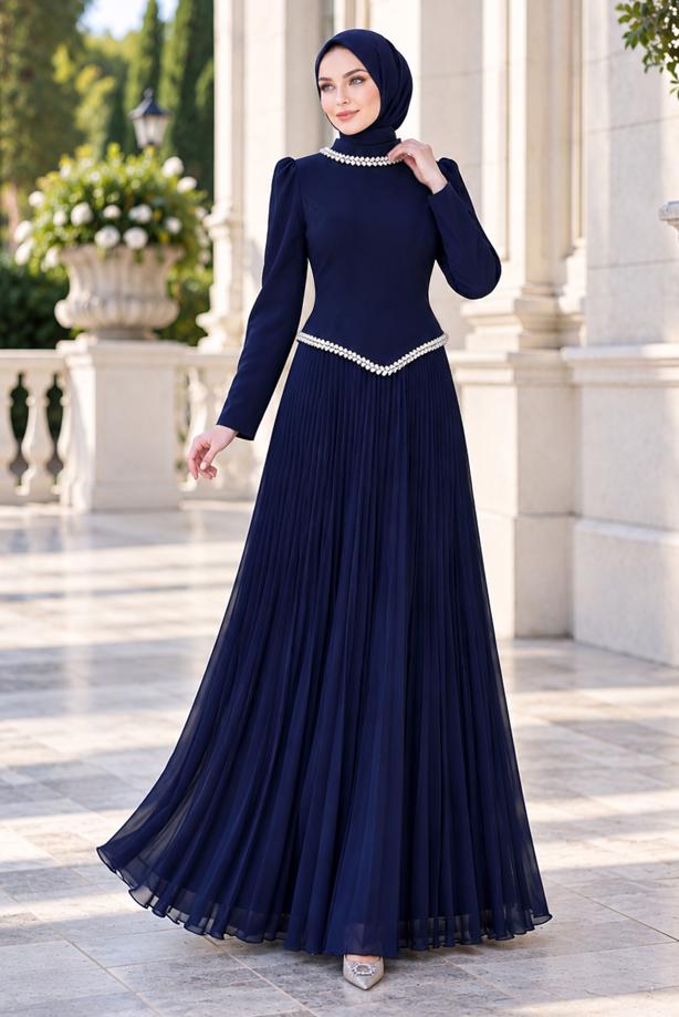 Vêtements hijab BLEU MARINE ROBE DE SOIRÉE PLISSÉE DÉTAIL GEMME T 4763 - TRENDTESETTÜR