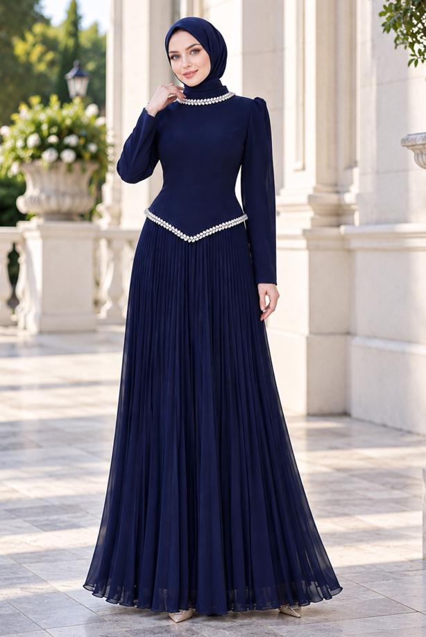 Vêtements hijab BLEU MARINE ROBE DE SOIRÉE PLISSÉE DÉTAIL GEMME T 4763 - TRENDTESETTÜR