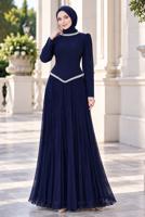 Vêtements hijab BLEU MARINE ROBE DE SOIRÉE PLISSÉE DÉTAIL GEMME T 4763