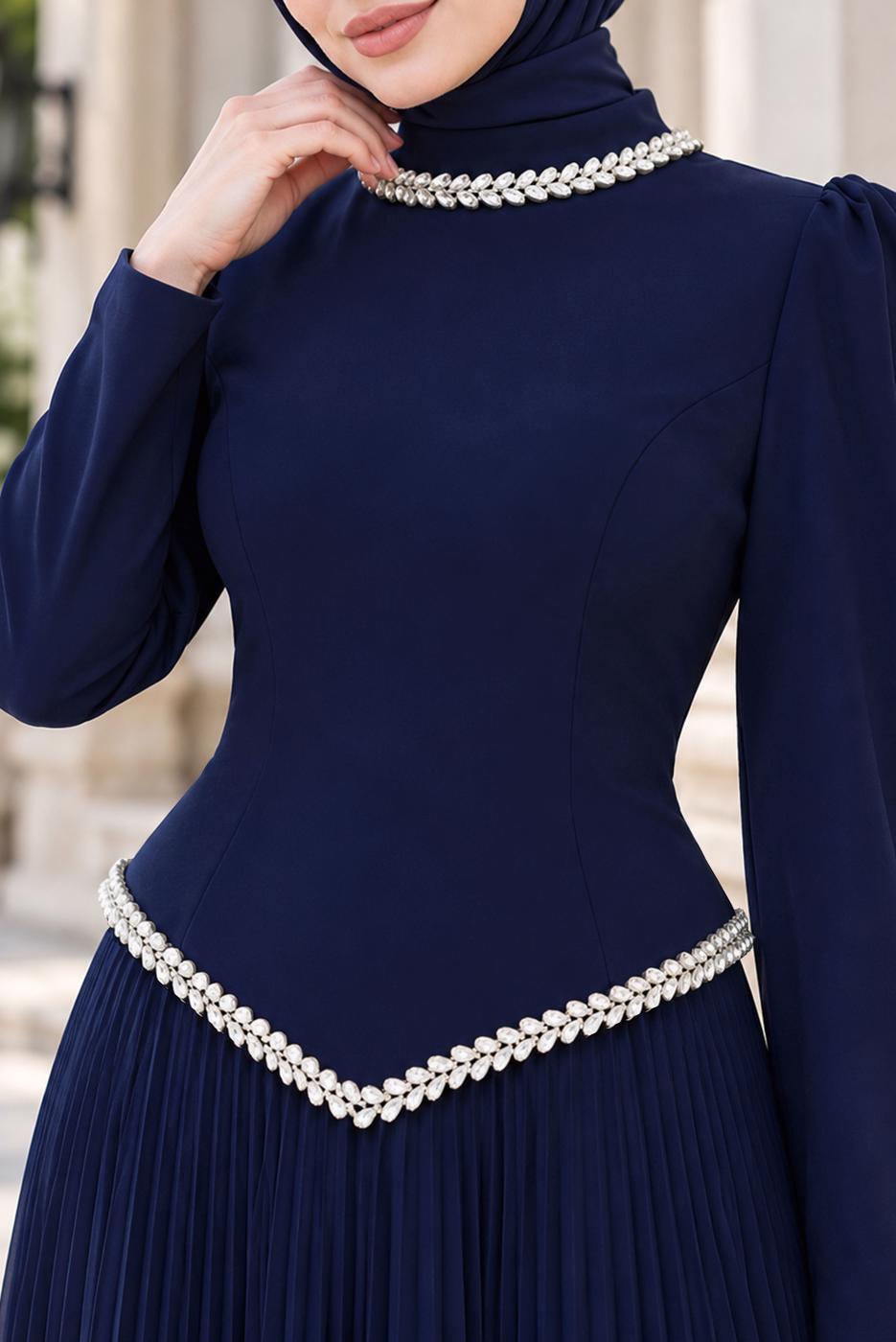 Vêtements hijab BLEU MARINE ROBE DE SOIRÉE PLISSÉE DÉTAIL GEMME T 4763
