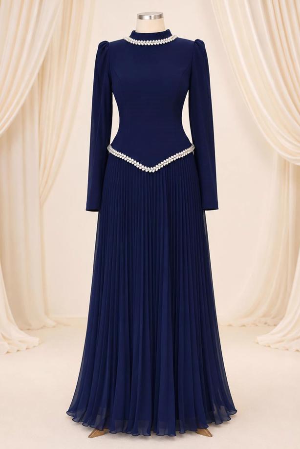 Vêtements hijab BLEU MARINE ROBE DE SOIRÉE PLISSÉE DÉTAIL GEMME T 4763 - TRENDTESETTÜR