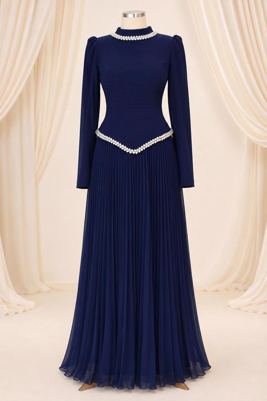 Vêtements hijab BLEU MARINE ROBE DE SOIRÉE PLISSÉE DÉTAIL GEMME T 4763