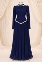 Vêtements hijab BLEU MARINE ROBE DE SOIRÉE PLISSÉE DÉTAIL GEMME T 4763