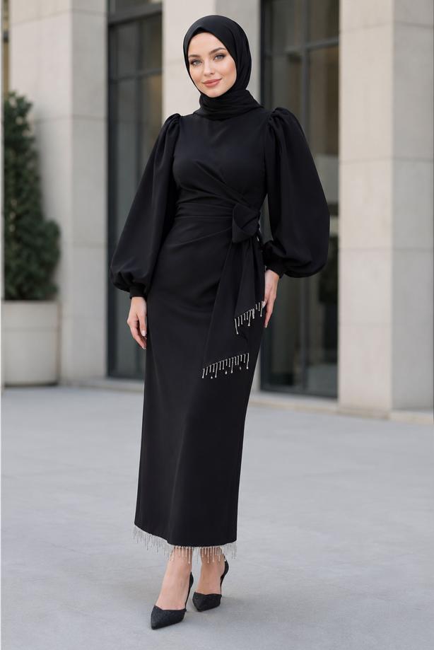 Vêtements hijab NOIR ROBE DE SOIRÉE CEINTURÉE T 5226 - TRENDTESETTÜR