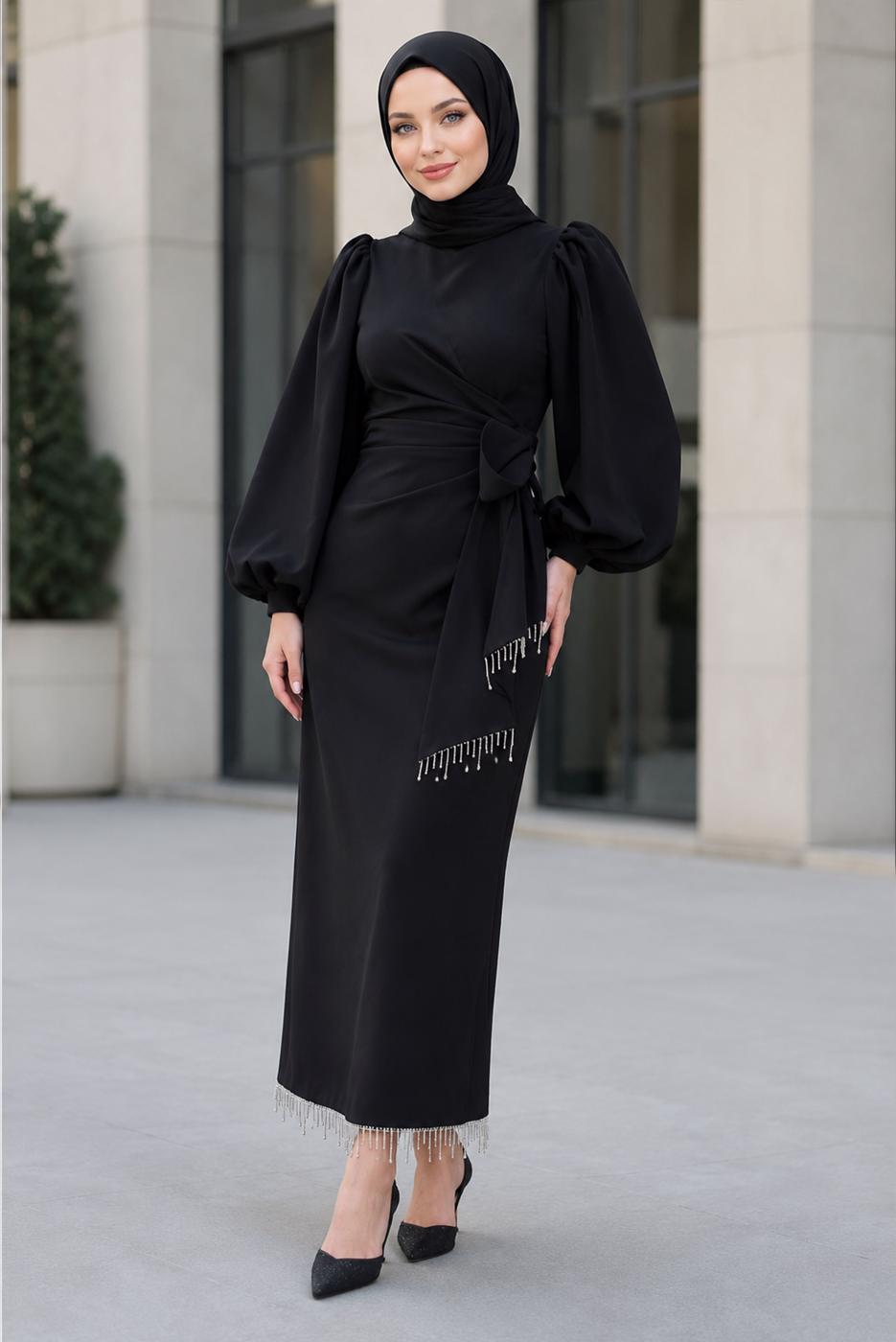 Vêtements hijab NOIR ROBE DE SOIRÉE CEINTURÉE T 5226
