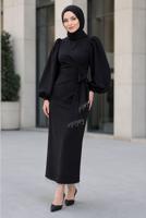 Vêtements hijab NOIR ROBE DE SOIRÉE CEINTURÉE T 5226