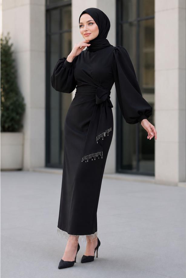 Vêtements hijab NOIR ROBE DE SOIRÉE CEINTURÉE T 5226 - TRENDTESETTÜR