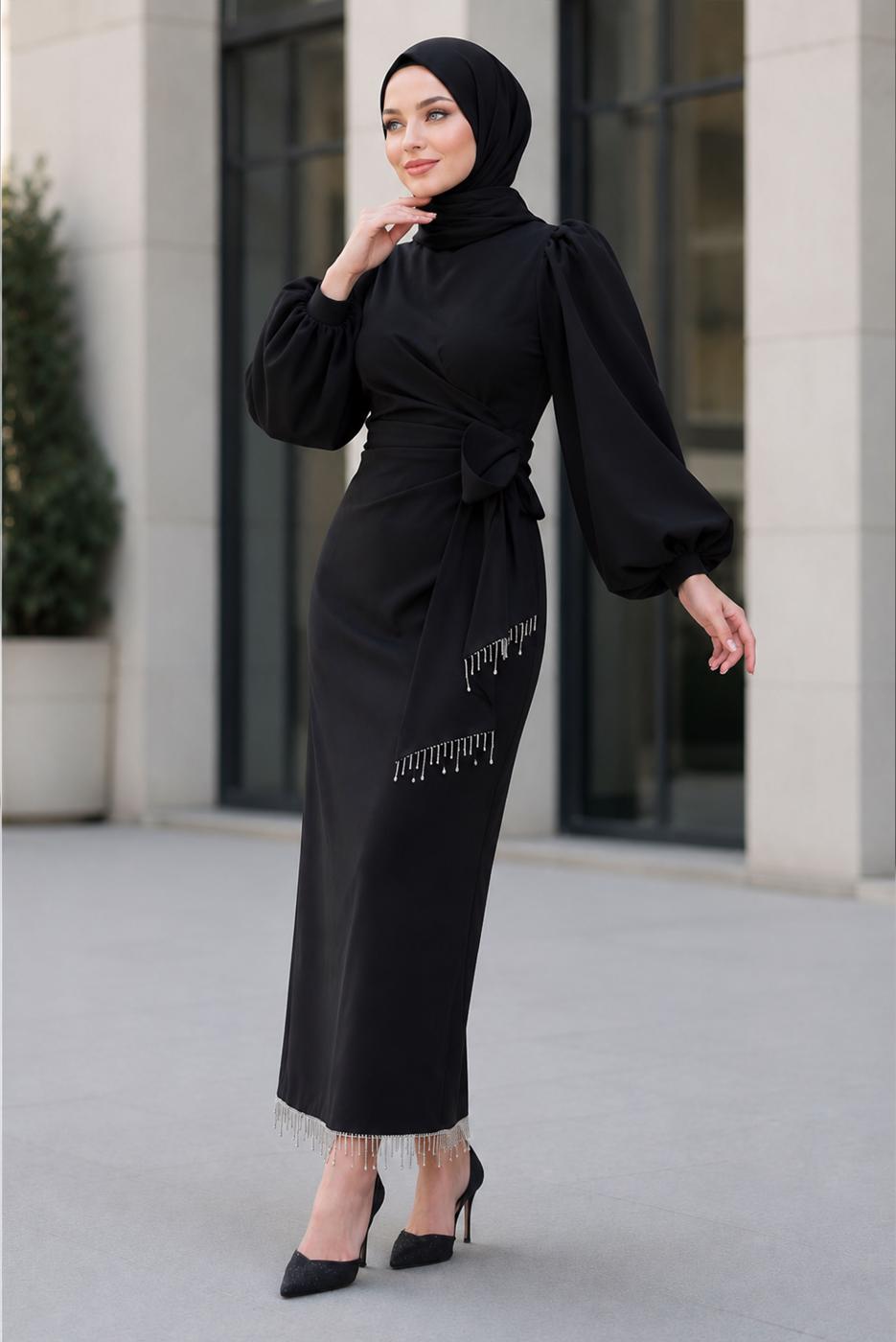 Vêtements hijab NOIR ROBE DE SOIRÉE CEINTURÉE T 5226