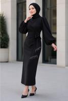 Vêtements hijab NOIR ROBE DE SOIRÉE CEINTURÉE T 5226