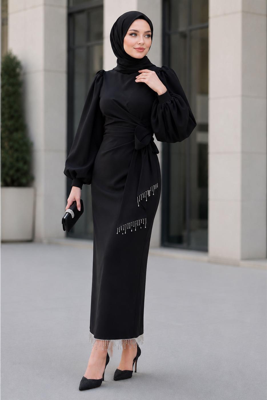 Vêtements hijab NOIR ROBE DE SOIRÉE CEINTURÉE T 5226