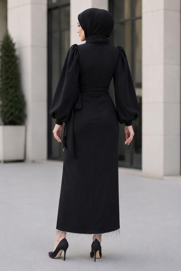 Vêtements hijab NOIR ROBE DE SOIRÉE CEINTURÉE T 5226 - TRENDTESETTÜR