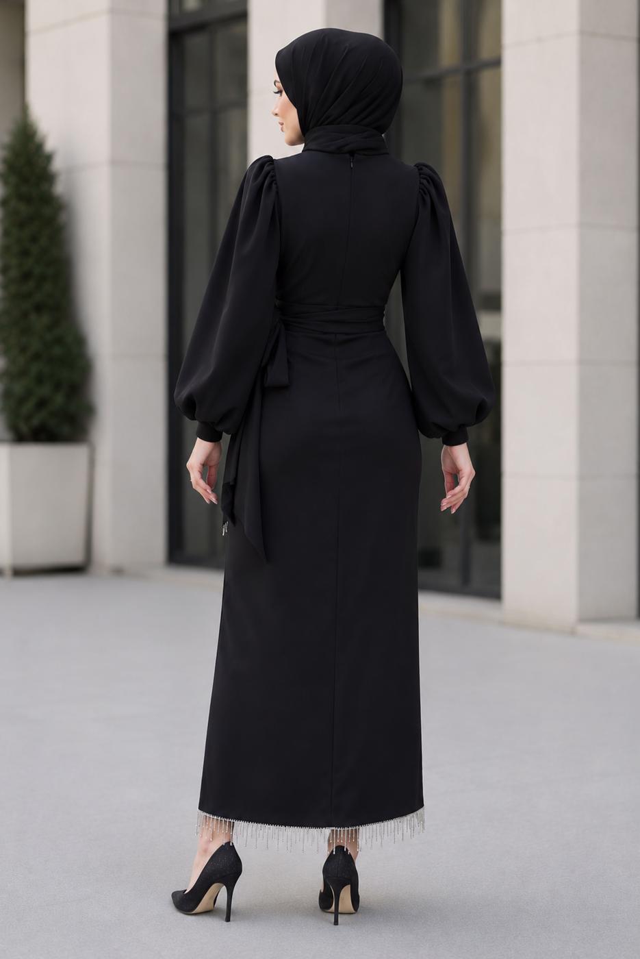 Vêtements hijab NOIR ROBE DE SOIRÉE CEINTURÉE T 5226