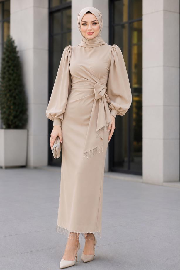 Vêtements hijab BEIGE ROBE DE SOIRÉE CEINTURÉE T 5226 - TRENDTESETTÜR