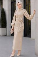 Vêtements hijab BEIGE ROBE DE SOIRÉE CEINTURÉE T 5226