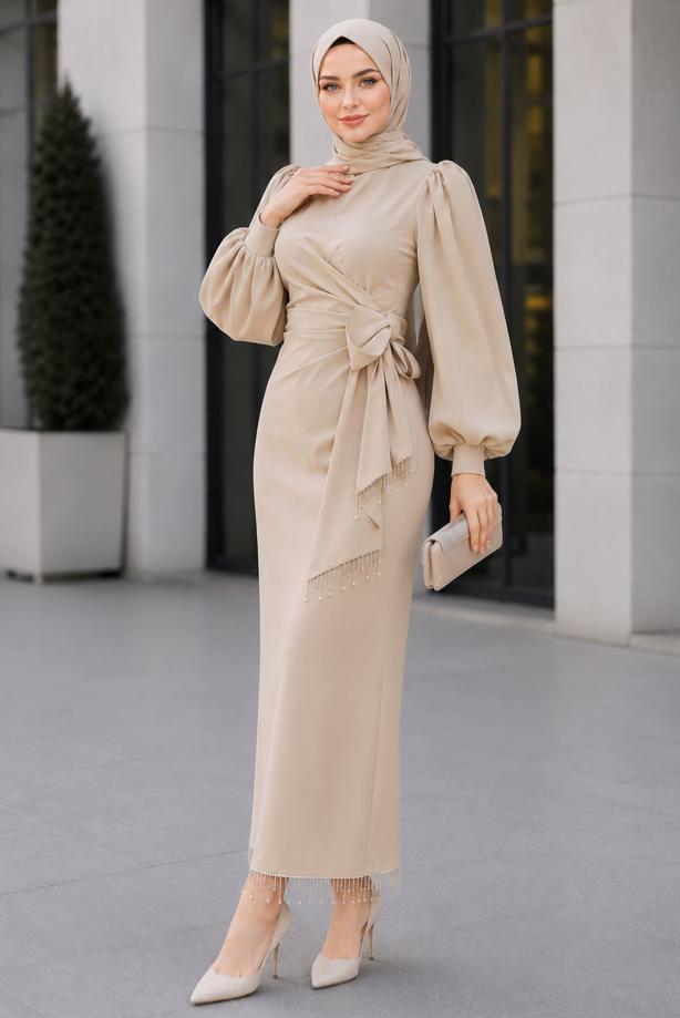 Vêtements hijab BEIGE ROBE DE SOIRÉE CEINTURÉE T 5226 - TRENDTESETTÜR