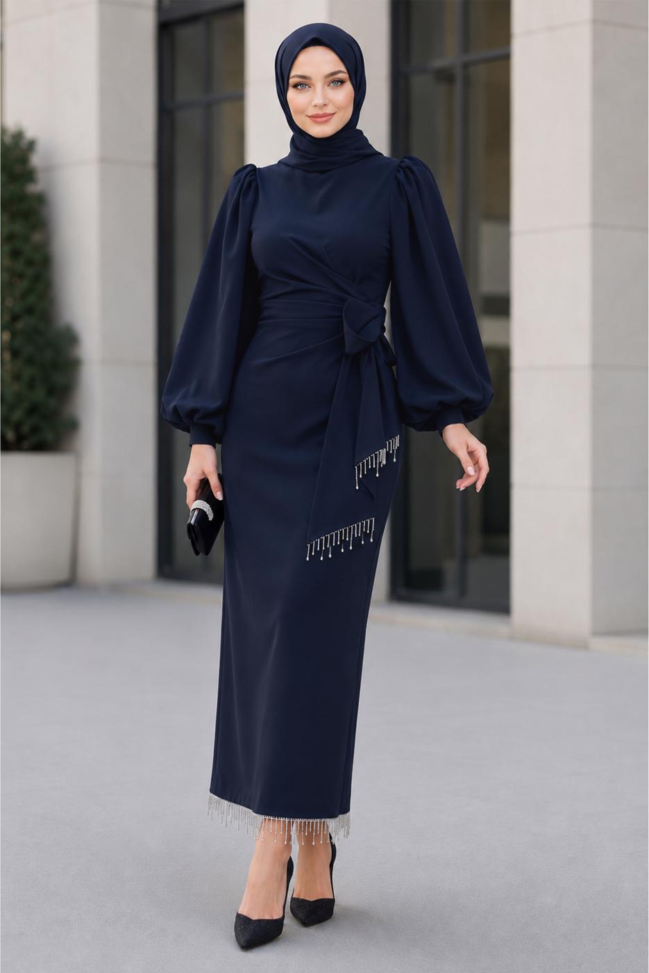 Vêtements hijab BLEU MARINE ROBE DE SOIRÉE CEINTURÉE T 5226