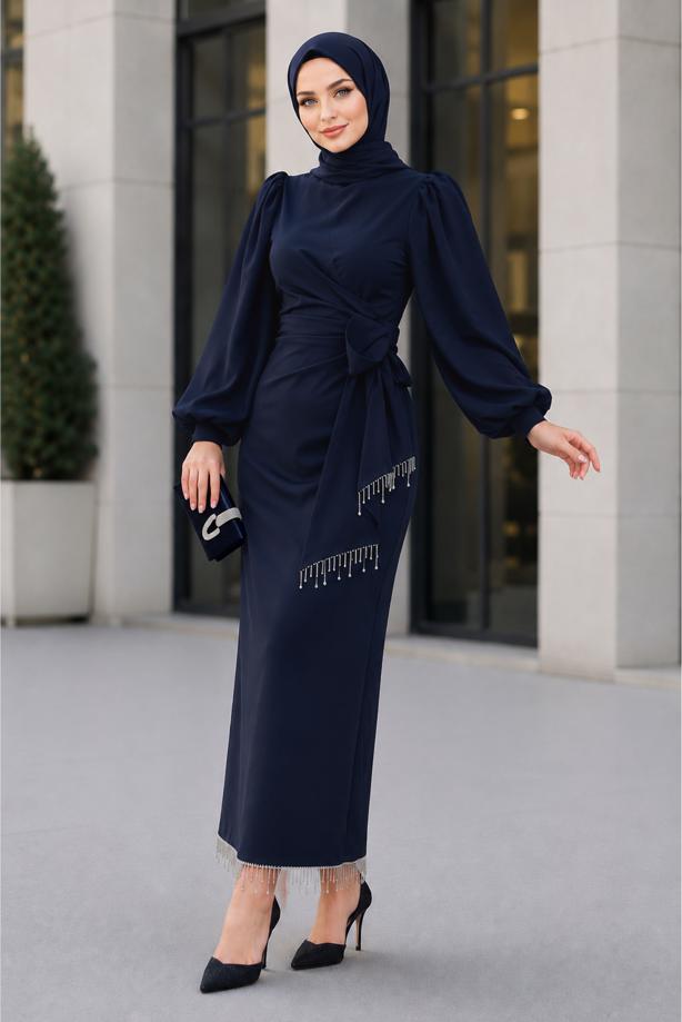 Vêtements hijab BLEU MARINE ROBE DE SOIRÉE CEINTURÉE T 5226 - TRENDTESETTÜR