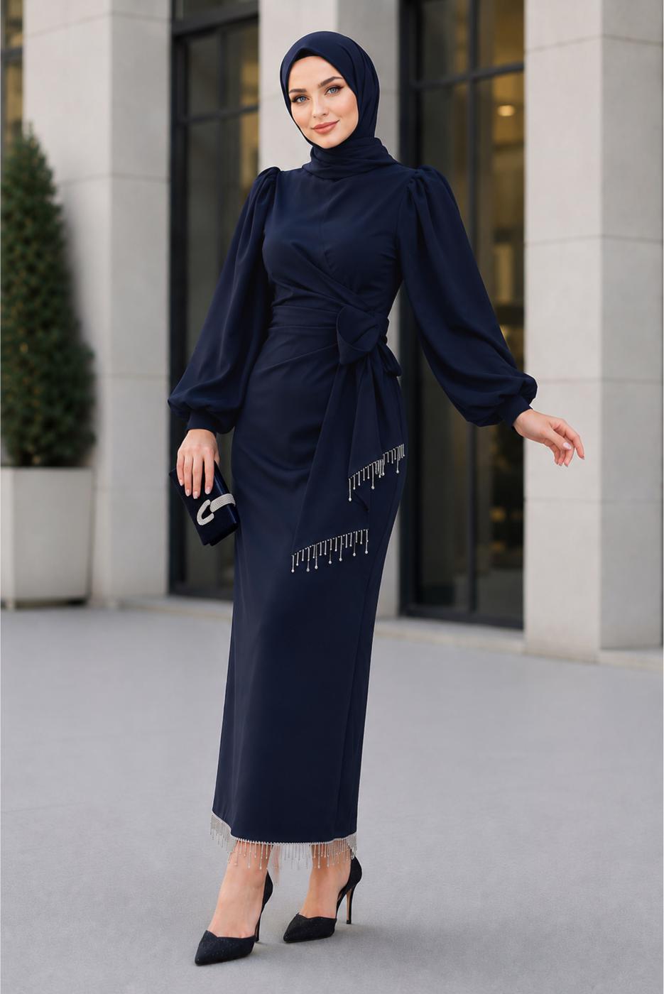 Vêtements hijab BLEU MARINE ROBE DE SOIRÉE CEINTURÉE T 5226