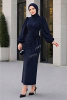 Vêtements hijab BLEU MARINE ROBE DE SOIRÉE CEINTURÉE T 5226