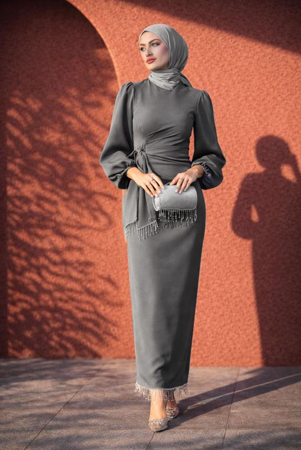 Tesettür giyim GRİ T 5226 BSL ABİYE ELBİSE - TRENDTESETTÜR