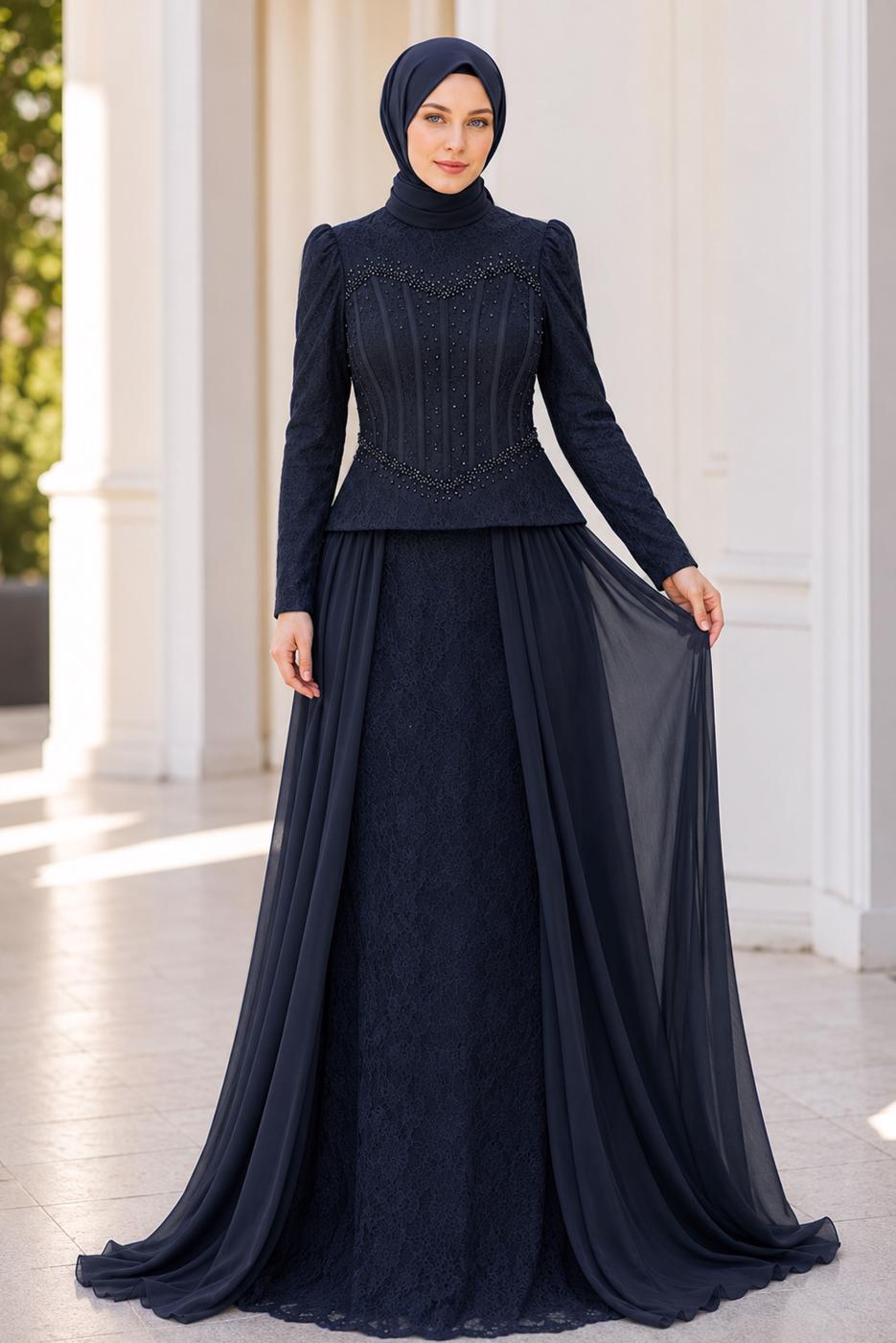 Hijab clothing NAVY BLUE BEAD EMBROIDERED EVENING DRESS T 5325