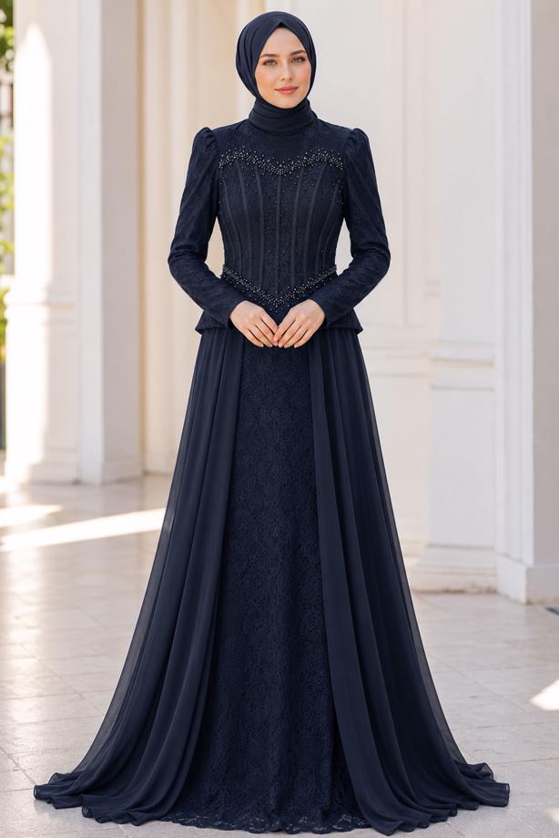 Hijab clothing NAVY BLUE BEAD EMBROIDERED EVENING DRESS T 5325 - TRENDTESETTÜR